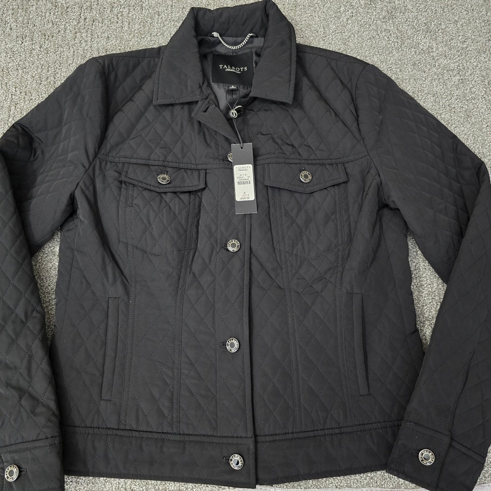 Talbots Quilted Jacket Black Snap Front Lightweight Coat Womens 8 NWT